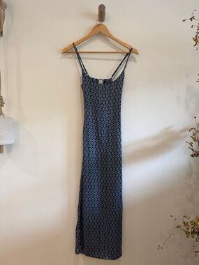Blue Printed Spaghetti-Strap Maxi Dress